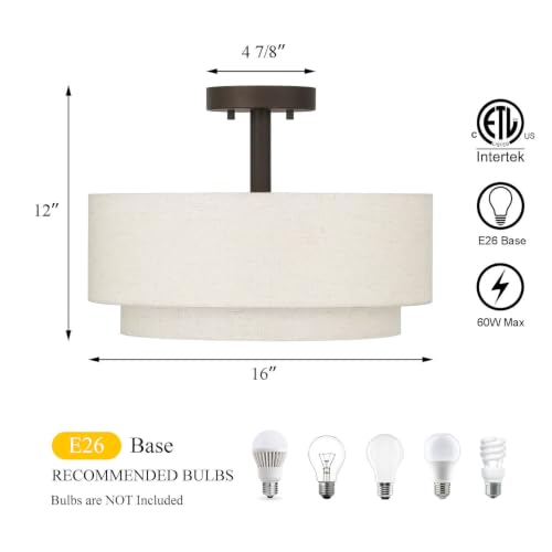 16" Linen Drum Semi Flush Ceiling Light for Dining