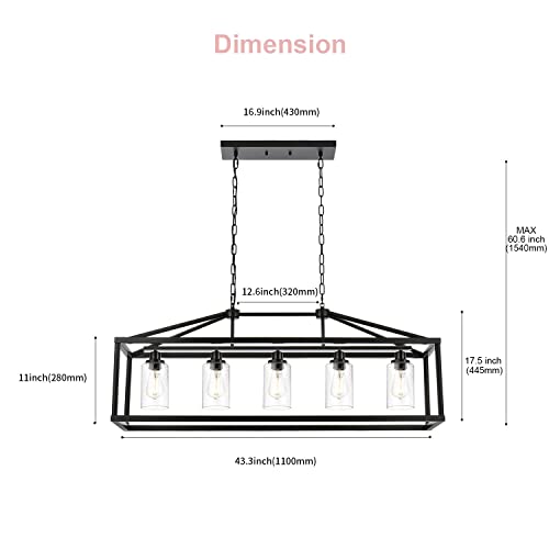 5 Light Farmhouse Chandelier Ceiling Hanging Dining Room Lighting Fixtures Matte Black Modern Pendant Lighting Industrial Rectangular Kitchen Island Chandelier Fixture with Seeded Glass Shade
