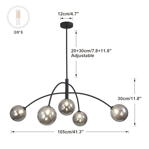 Mid Century Modern Chandelier Black 5 Light Industrial Pendant Light Fixture Vintage Smoke Gray Globe Glass Sputnik Chandeliers for Bedroom Kitchen Living Room Hallway