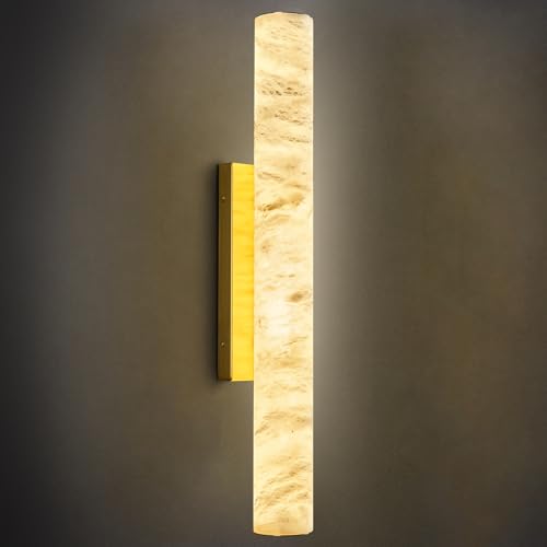 Natural Alabaster Wall Sconces Spanish Marble Wall Light Cylinder Modern Gold LED Sconce for Living Room Bedroom Bathroom Stairs（M