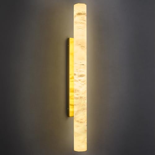 Natural Alabaster Wall Sconces Spanish Marble Wall Light Cylinder Modern Gold LED Sconce for Living Room Bedroom Bathroom Stairs（L