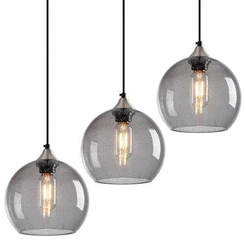 Light Grey Glass Pendant Lights Kitchen Island Lighting Globe Pendant Light Fixtures Modern Pendant Lighting for Bedroom Living Dining Room Light Fixture (3 Count)