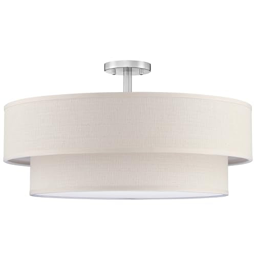 6 Light 26" Cream Fabric Brushed Nickel Semi Flush Mount Close to Ceiling Light Fixture (3 Count)