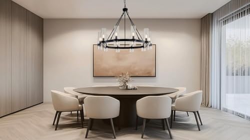 32 Inch Black Wagon Wheel Chandelier with Glass Shade