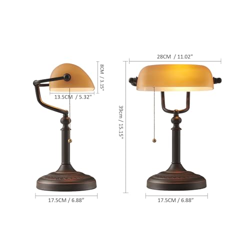 Matted Orange Glass Bankers Desk Lamp with Pull Chain Switch Plug in Fixture