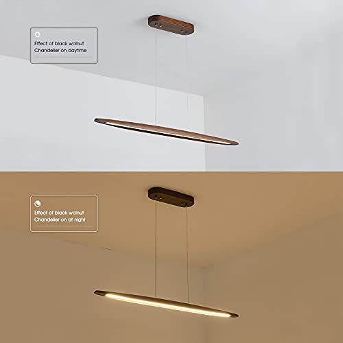 39" Wood Linear Pendant Light LED Dimmable Hanging Light Dinning Room Light Fixture Island Lights 24w for Dining Room Kitchen Island Bar Walnut Color