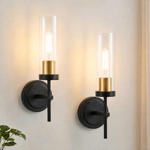 Hardwired Black and Gold Wall Sconce Set of Two Bathroom Sconces
