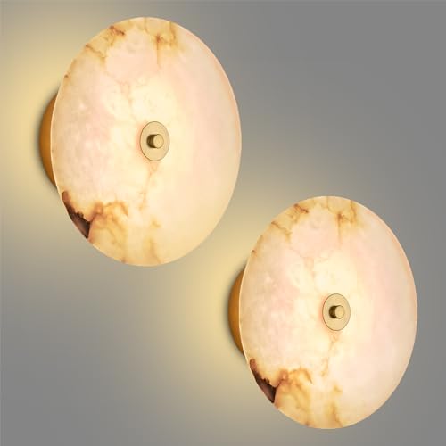 Round Alabaster Wall Sconce Natural White Marble Sconces Set of Two