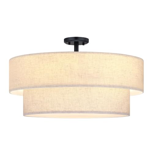 2 Tier 24" Cream Drum Fabric 5 Light Black Semi Flush Mount Ceiling Light for Living Room Dining Room Bedroom Hallway