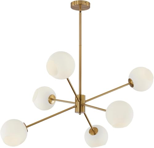 6 Lights Modern Sputnik Chandeliers Globe Light Fixture Farmhouse Milk Glass Pendant Lights Kitchen Island Gold and White Sputnik Hanging Light Vintage Brushed Brass Ball Chandelier