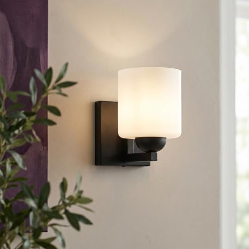1 Light Black Bathroom Vanity Light with White Glass Shade