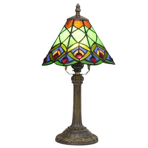 Green Small Tiffany Lamp Stained Glass Table lamp Peacock Tail Bedroom Bedside Light for Living Room Dormitory Bar Retro Style Unique Cute funky Accent Decor Cottage 8" Village gift Nightstand Lamp