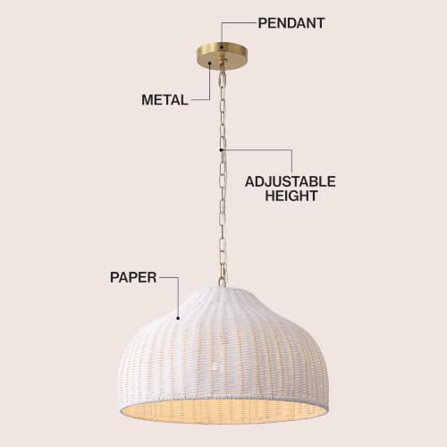 Eliza 20" Bohemian White & Brass Gold Woven Rattan Dome Pendant