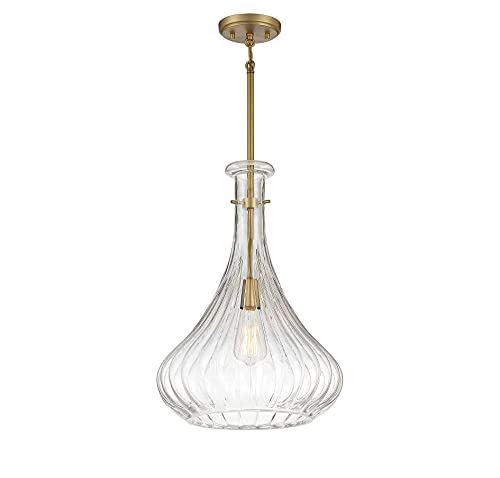 7-2265-1-322 Bristo Industrial Clear Fluted Glass Pendant, 1-Light 60 Watt, 20" H x 14" W, Warm Brass