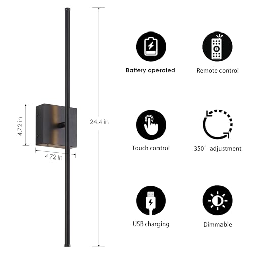 24.4 Inch Wall Sconces Battery Operated for Living Room Black (2 Count)