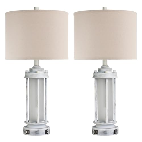 25" Set of 2 Antique White Rustic Table Lamps 2 USB C+A Ports (2 Count)