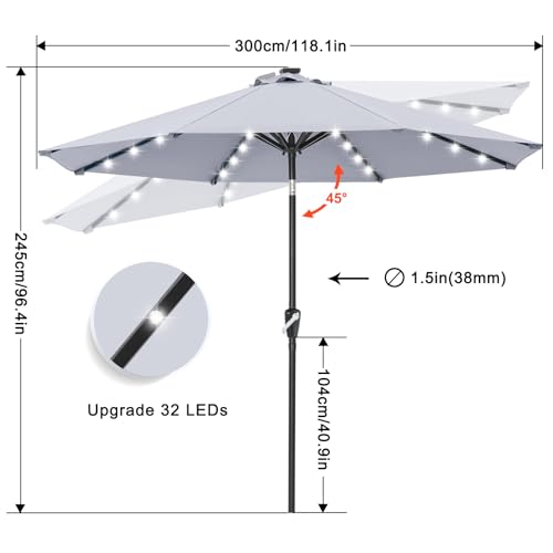Solar Led Patio Umbrella with 32 Lights 10FT