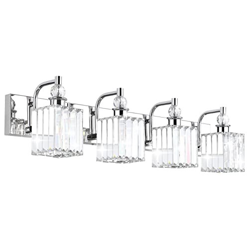 Modern Crystal Vanity Light for Bathroom 4 Light 31.5''Chrome Bathroom Wall Lighting Fixtures Over Mirror