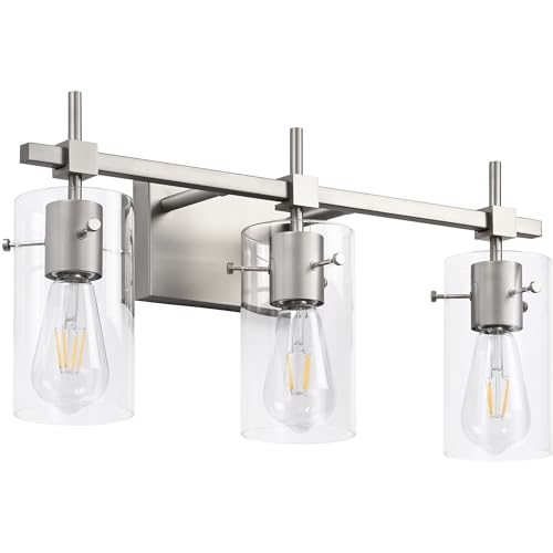 3 Lights Vanity Light Bathroom Light Fixture Over Mirror for Bathroom Glass Shade Lights Brushed Nickel Vintage Lighting Fixture (3 Count)