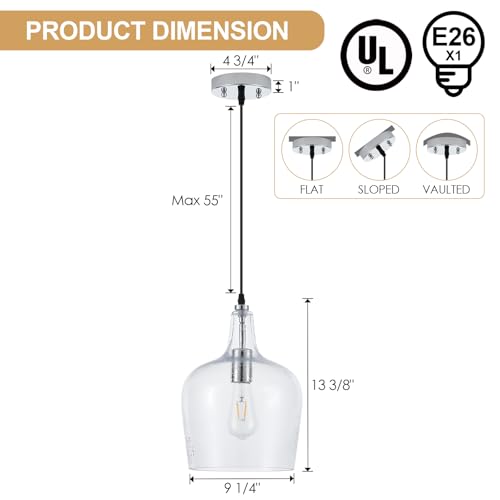 10”Chrome Hammered Glass Pendant Light Modern 1 Light Single Dome Pendent Lighting Fixtures for Kitchen Island Dining Room Hallway
