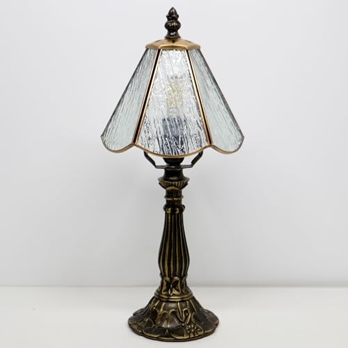 Small Tiffany Table Lamp Pink Bark Pattern Style Stained Glass Desk Lamps 6X6X14 Inch Bronze Resin Base Antique Mini Accent Light