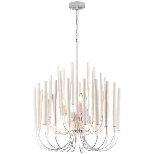 Whitewash Wood Large Chandelier Industrial Hanging Light Fixture 24Inch