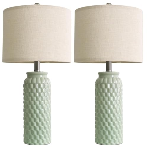 24" Modern Ceramic Green Bedside Lamp Set of 2 Table Lamp for Bedroom Decor Farmhouse Table Lamp for Living Room Office Dorm (2 Count)