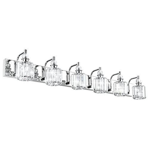 Crystal Vanity Lights 6 Light 48" Modern Crystal Bathroom Lights Fixtures Over Long Mirror Stainless Steel Chrome Vanity Light for Bathroom Wall Lights Fixtures