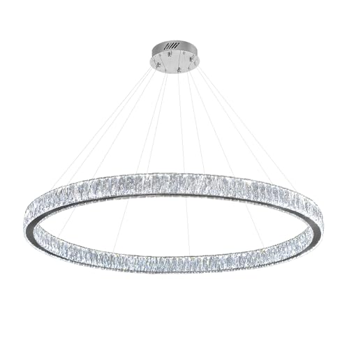Modern LED Dimmable Crystal Chandelier 47.5" Ring Pendant Light Adjustable Round Chrome Crystal Chandelier for Dining Room Living Room