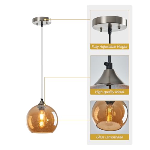 Amber Glass Pendant Lights Kitchen Island Lighting Globe Pendant Light Fixtures Modern Pendant Lighting for Bedroom Living Dining Room Light Fixture (3 Count)