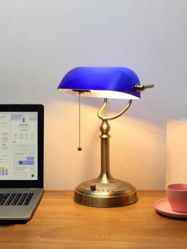 Blue Stepless Dimmable Glass Bankers Desk Lamp
