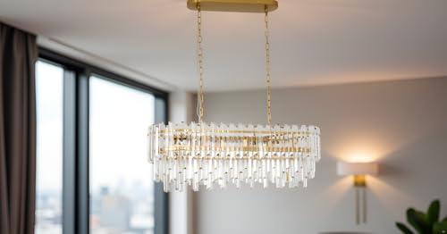 Modern Rectangular Crystal Chandelier Gold Finish Linear Pendant 10