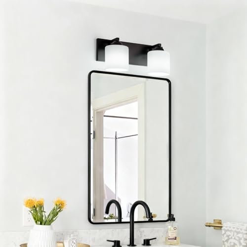 2 Light Black Bathroom Vanity Light with White Glass Shades