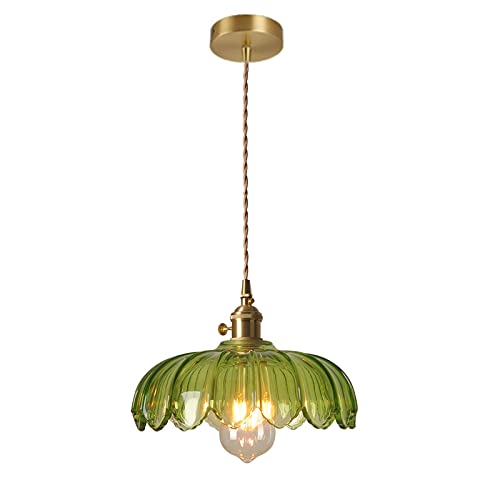 Green Glass Pendant Light Fixtures Medium 9.8 Inches Lampshade Gold Brass Finish and Switch Vintage Pendant Ceiling Lamp Copper Farmhouse Pendant Lighting