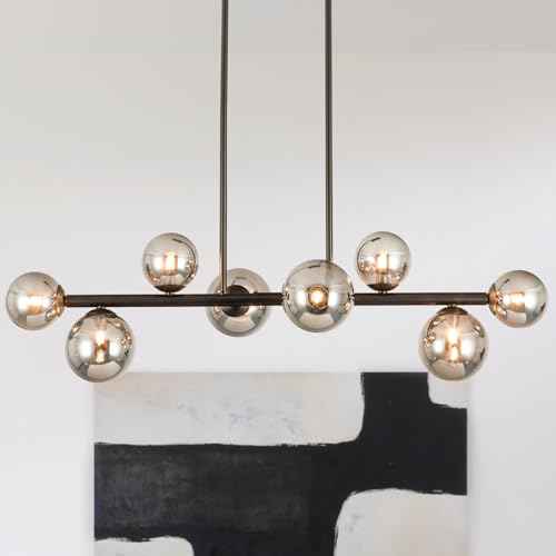 Jonsi Dining Room Light Fixture Over Table, Mid Century Chandeliers, Modern 8 Lights Smoke Grey Globe Glass Linear Chandelier Adjustable Ceiling Hanging for Living Dining Room Kitchen Island, Black