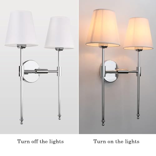 Classic Double Sconce Chrome 2 Lights Wall Sconce Rustic Wall Mount Lighting Fixture with Flared White Textile Lamp Shade