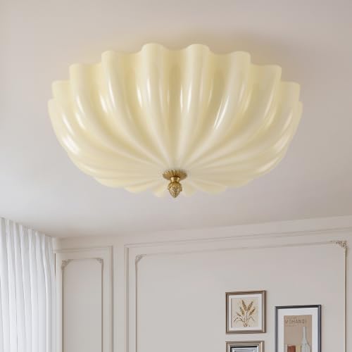 15.7in Cream Glass Ceiling Light Flush Mount Flower Shade 3 (Gold & Cream / 15.7in)