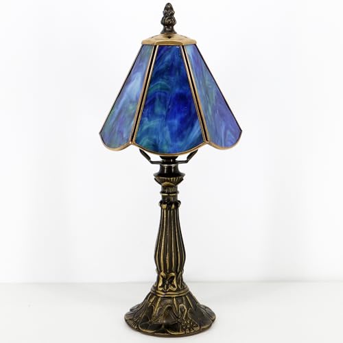 Small Tiffany Table Lamp Pink Diamond Style Stained Glass Desk Lamps 6X6X14 Inch Bronze Resin Base Antique Mini Accent Light