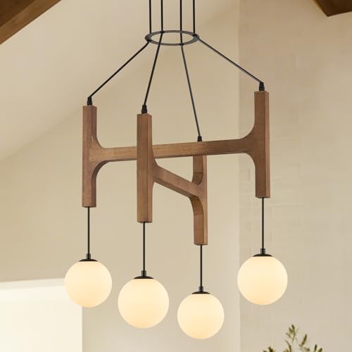 Rustic Oak 4 Light Wooden Chandelier with Milk Glass Globe L24 Inch
