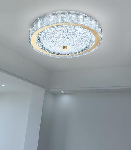 11.8" Modern Mini Crystal Chandelier Dimmable LED Flush Mount Ceiling Light with Remote Control for Bedroom Hallway Dining Room Gold