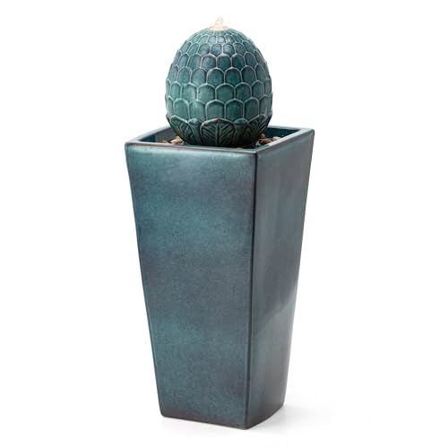 35.75" H Tall Ceramic Outdoor Water Fountain with LED Light Oversized Artichoke Pedestal Fountains with Submersible Pump Patio Fountain Waterfall for Garden Patio Deck Porch