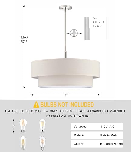 6 Light 26 Inch Cream Fabric Shade Hanging Pendant Ceiling Light Fixture
