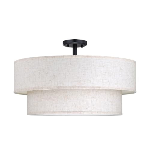 2 Tier 22" Cream Drum Fabric 5 Light Black Semi Flush Mount Ceiling Light for Living Room Dining Room Bedroom Hallway