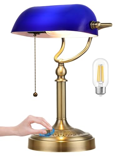 Blue Stepless Dimmable Glass Bankers Desk Lamp