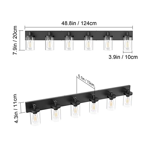 48in Vanity Light Black Bathroom Vanity Lighting Fixtures 6 Light Bathroom Light Fixtures with Clear Glass Shade