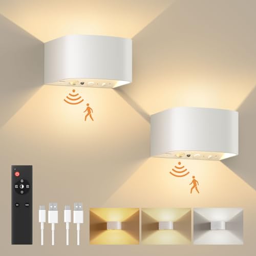 Motion Sensor Wall Light with Remote Control 3 Colors Wireless Wall Sconces LED Indoor Up and Down Wall Lamp 5000mAh Rechargeable Battery Powered Wall Lamps Brightness Adjustable (2 Count)