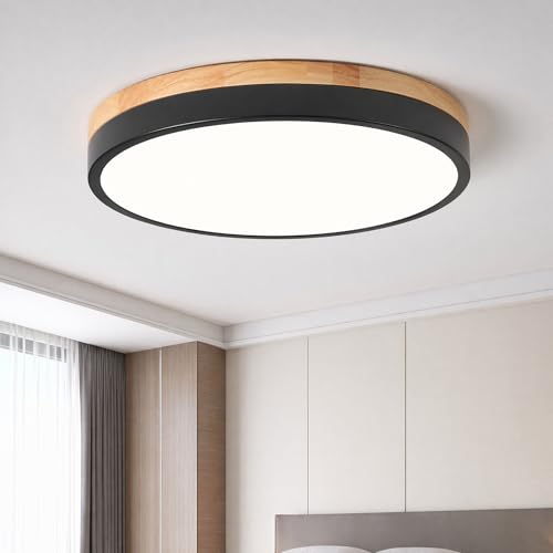 Modern Wood Black Flush Mount Ceiling Light 11.81 Inch