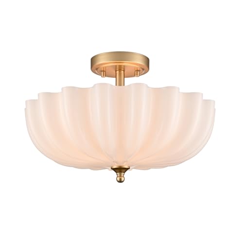Modern Gold Semi Flush Mount Ceiling Light with Milky Flower Glass