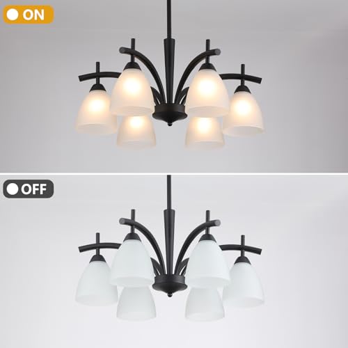 Modern Farmhouse Black Frosted Glass Chandelier Rustic Kitchen Light Fixtures 6 Lights for Dining Room Living Room Foyer Entryway Bedroom UL Listed D25.6 Inches