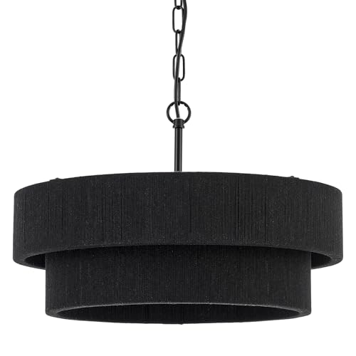 20” Black Hand Woven Rattan Chandelier Boho Pendant Light Adjustable Modern Pendant Light for Kitchen Island Dining Living Room
